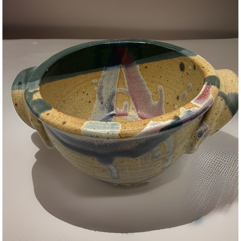 Ayers Pottery  Bread Baker Drip Glaze Handles Artist Signed 2013 4x7"